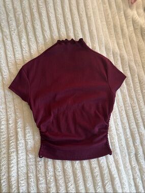 Forever 21 Wine Ribbed Mock Neck Short Sleeve Top
